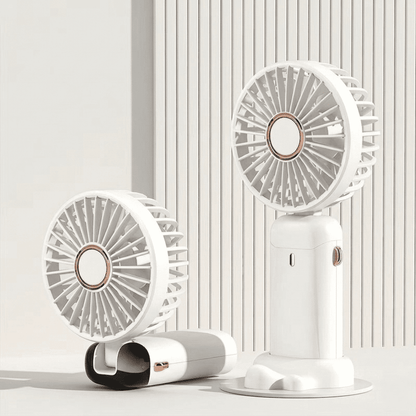 Ventilatore portatile da collo pieghevole con 5 velocità, display LED, supporto telefono e batteria 1800mAh. Ricarica USB, uso mani libere. Disponibile in 5 colori.