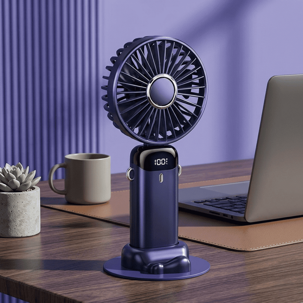 Ventilatore portatile da collo pieghevole con 5 velocità, display LED, supporto telefono e batteria 1800mAh. Ricarica USB, uso mani libere. Disponibile in 5 colori.