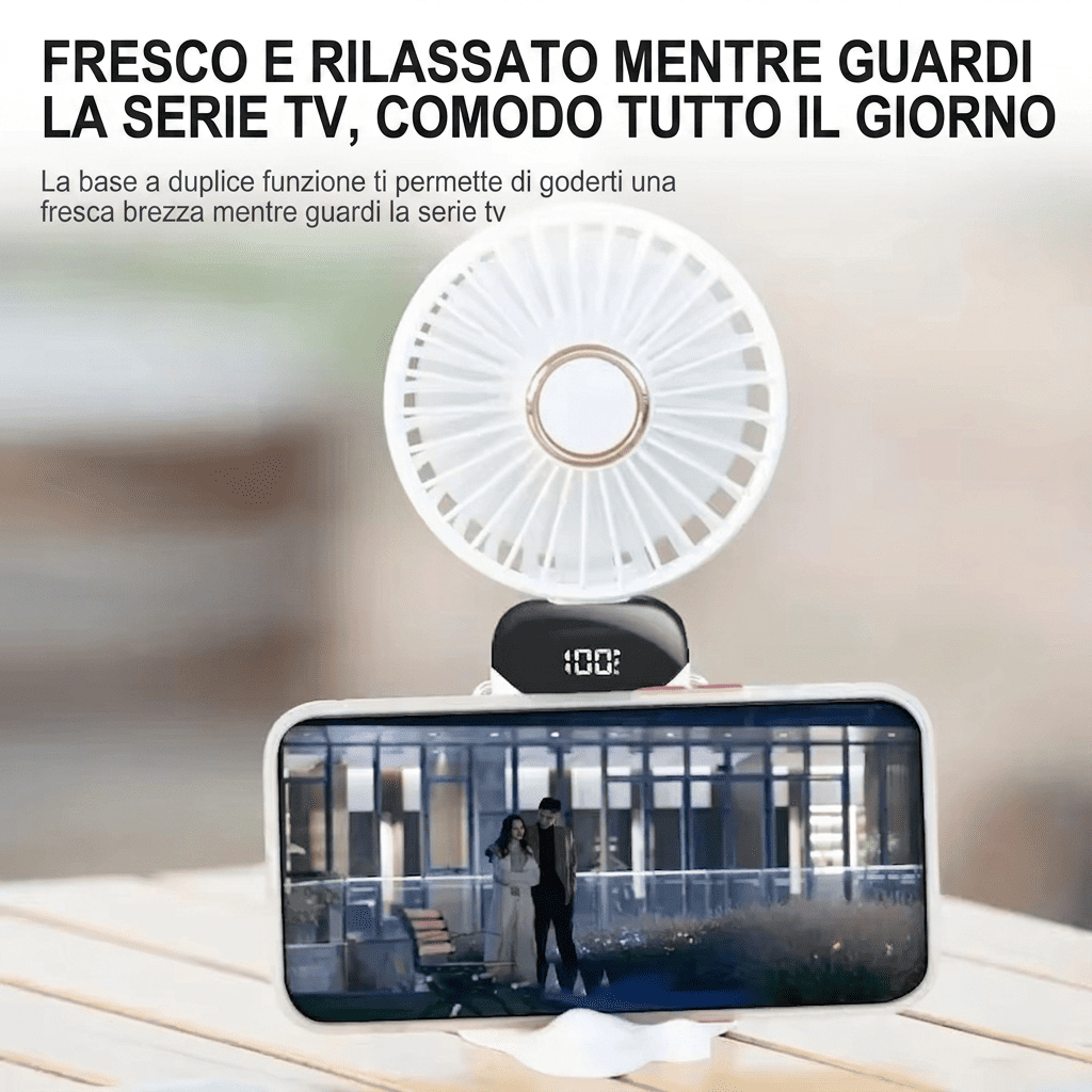 Ventilatore portatile da collo pieghevole con 5 velocità, display LED, supporto telefono e batteria 1800mAh. Ricarica USB, uso mani libere. Disponibile in 5 colori.