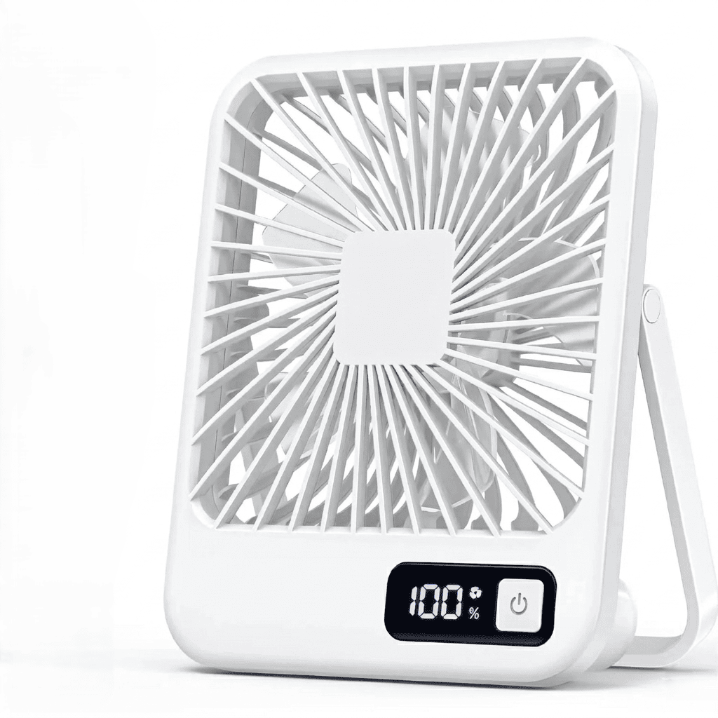 Ventilatore da tavolo portatile USB, pieghevole 180°, 5 velocità con vento circolante, display digitale e ricarica USB. Ultra silenzioso, solo 205g.