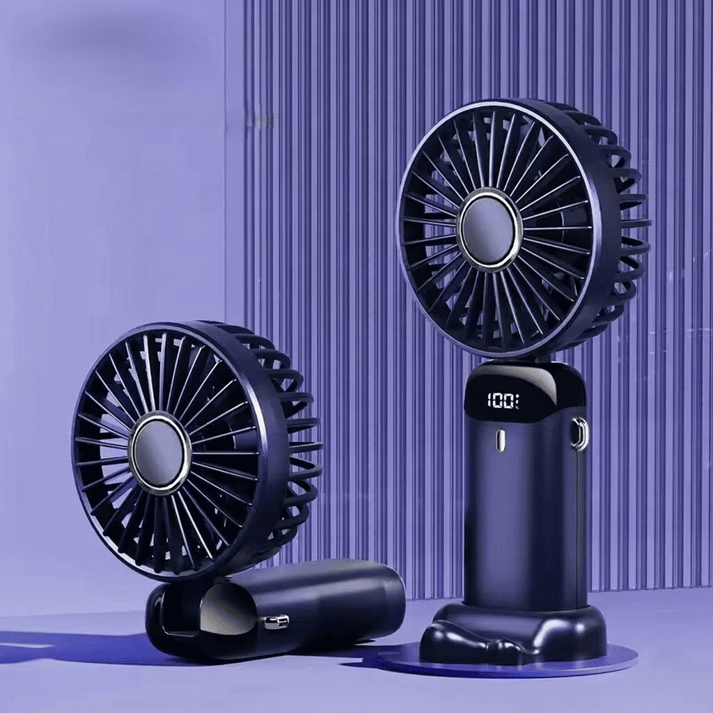 Ventilatore portatile da collo pieghevole con 5 velocità, display LED, supporto telefono e batteria 1800mAh. Ricarica USB, uso mani libere. Disponibile in 5 colori.