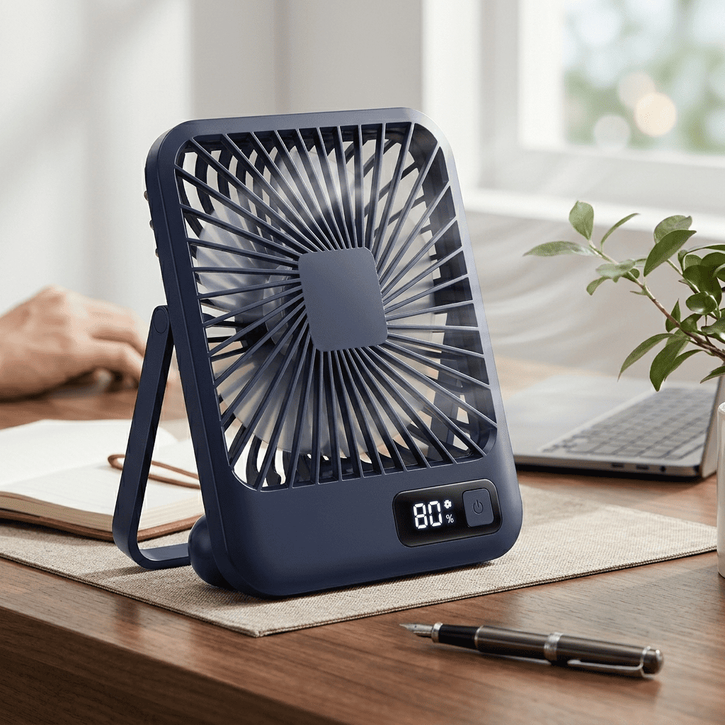 Ventilatore da tavolo portatile USB, pieghevole 180°, 5 velocità con vento circolante, display digitale e ricarica USB. Ultra silenzioso, solo 205g.