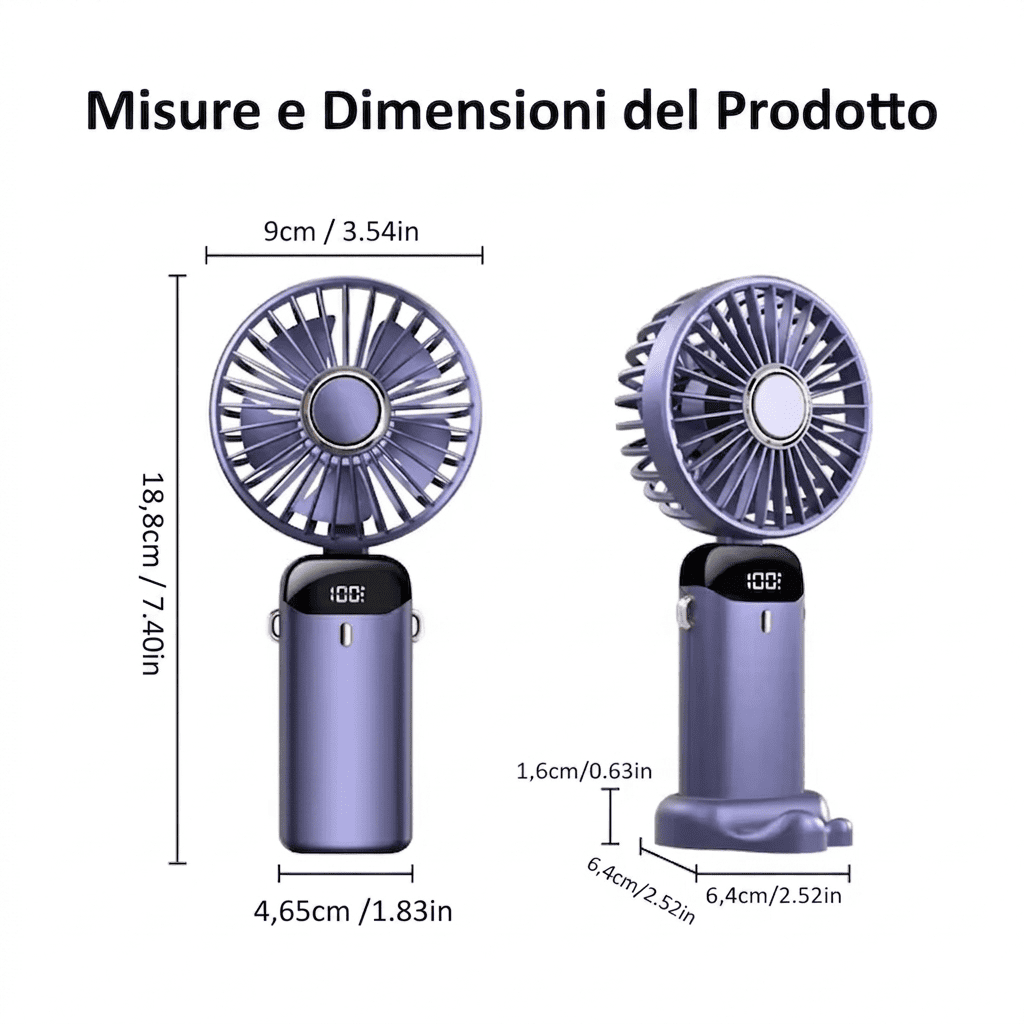 Ventilatore portatile da collo pieghevole con 5 velocità, display LED, supporto telefono e batteria 1800mAh. Ricarica USB, uso mani libere. Disponibile in 5 colori.