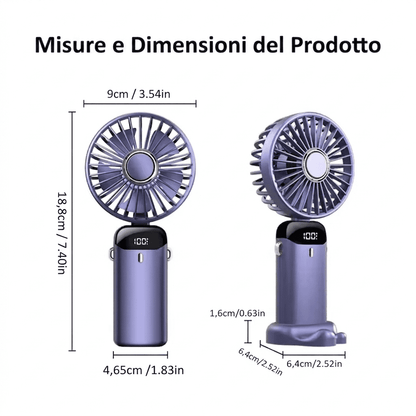 Ventilatore portatile da collo pieghevole con 5 velocità, display LED, supporto telefono e batteria 1800mAh. Ricarica USB, uso mani libere. Disponibile in 5 colori.