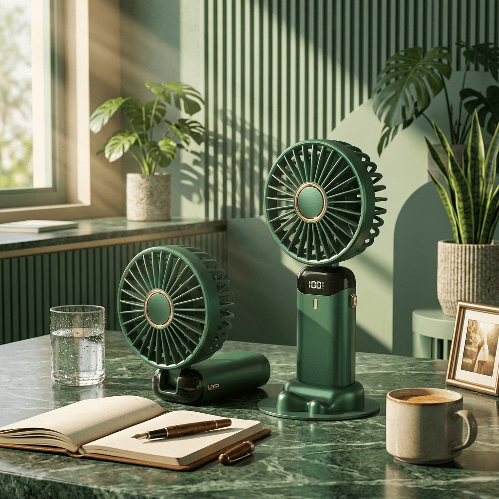 Ventilatore portatile da collo pieghevole con 5 velocità, display LED, supporto telefono e batteria 1800mAh. Ricarica USB, uso mani libere. Disponibile in 5 colori.