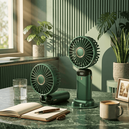 Ventilatore portatile da collo pieghevole con 5 velocità, display LED, supporto telefono e batteria 1800mAh. Ricarica USB, uso mani libere. Disponibile in 5 colori.