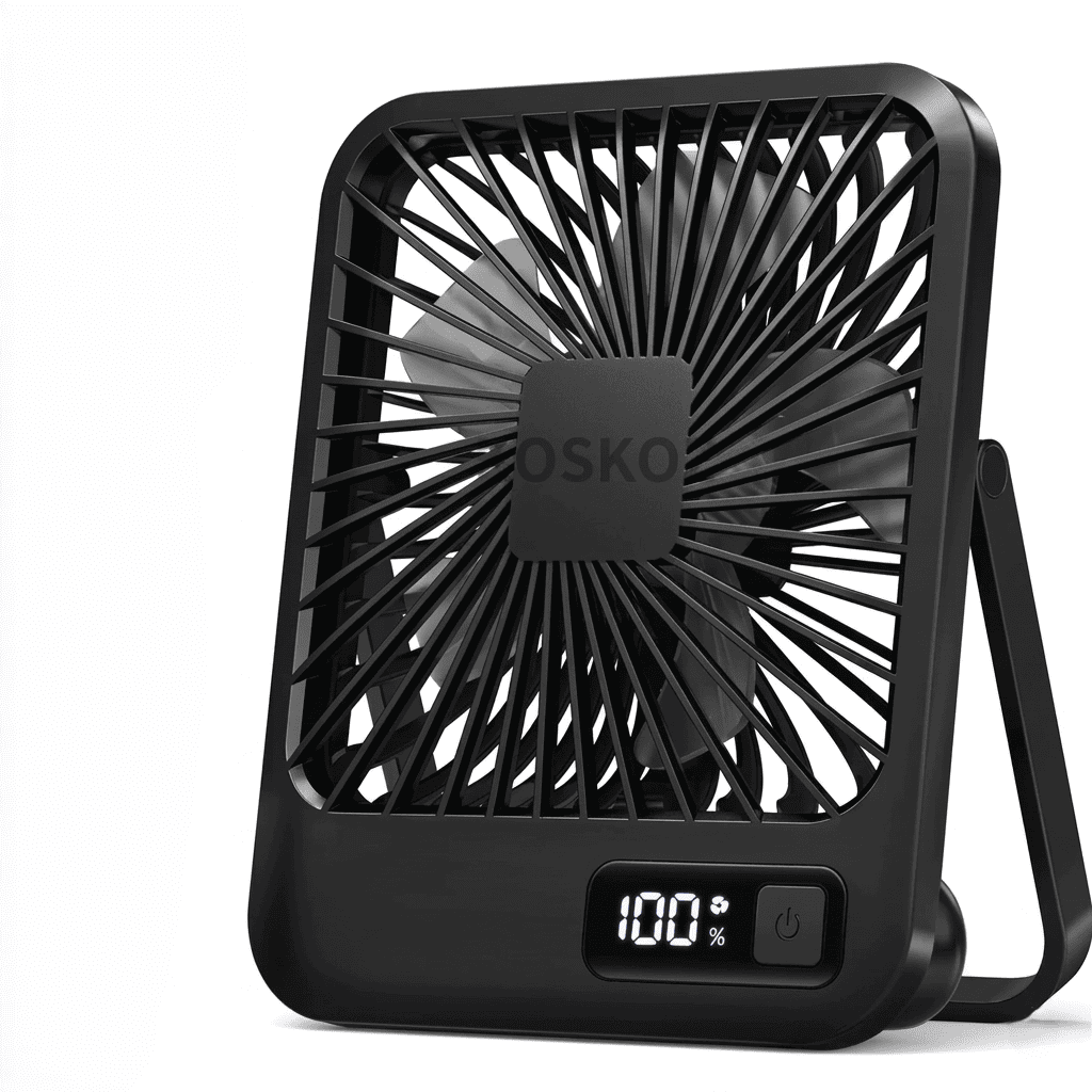 Ventilatore da tavolo portatile USB, pieghevole 180°, 5 velocità con vento circolante, display digitale e ricarica USB. Ultra silenzioso, solo 205g.