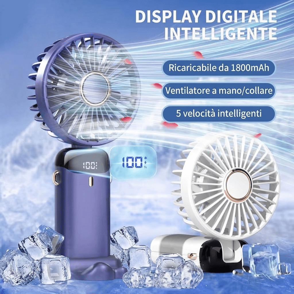 Ventilatore portatile da collo pieghevole con 5 velocità, display LED, supporto telefono e batteria 1800mAh. Ricarica USB, uso mani libere. Disponibile in 5 colori.