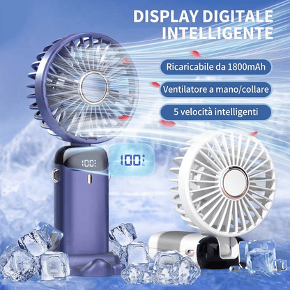 Ventilatore portatile da collo pieghevole con 5 velocità, display LED, supporto telefono e batteria 1800mAh. Ricarica USB, uso mani libere. Disponibile in 5 colori.