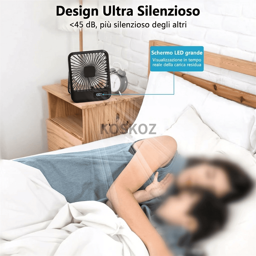 Ventilatore da tavolo portatile USB, pieghevole 180°, 5 velocità con vento circolante, display digitale e ricarica USB. Ultra silenzioso, solo 205g.