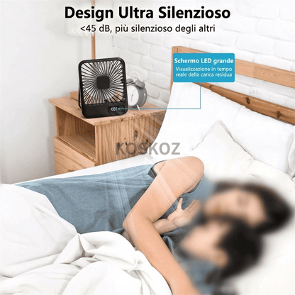 Ventilatore da tavolo portatile USB, pieghevole 180°, 5 velocità con vento circolante, display digitale e ricarica USB. Ultra silenzioso, solo 205g.