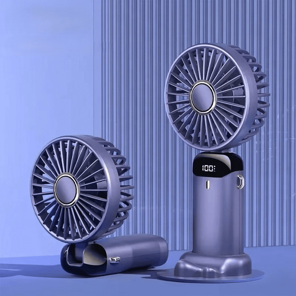 Ventilatore portatile da collo pieghevole con 5 velocità, display LED, supporto telefono e batteria 1800mAh. Ricarica USB, uso mani libere. Disponibile in 5 colori.