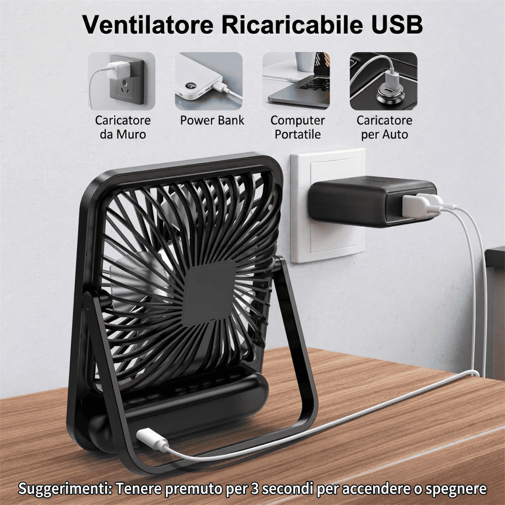Ventilatore da tavolo portatile USB, pieghevole 180°, 5 velocità con vento circolante, display digitale e ricarica USB. Ultra silenzioso, solo 205g.