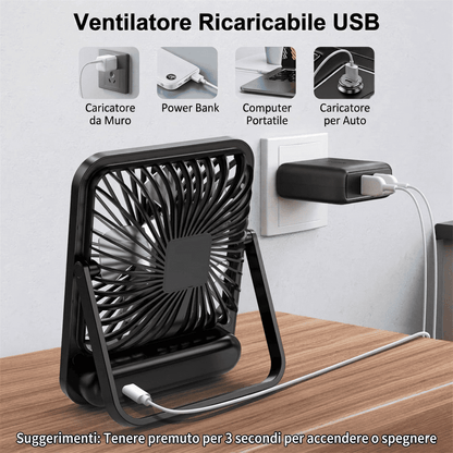 Ventilatore da tavolo portatile USB, pieghevole 180°, 5 velocità con vento circolante, display digitale e ricarica USB. Ultra silenzioso, solo 205g.