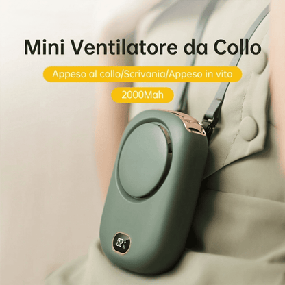 Ventilatore da collo portatile senza pale, ricarica USB, 3 velocità e fino a 10 ore di autonomia. Mani libere per sport e outdoor. Verde, Bianco o Rosa.