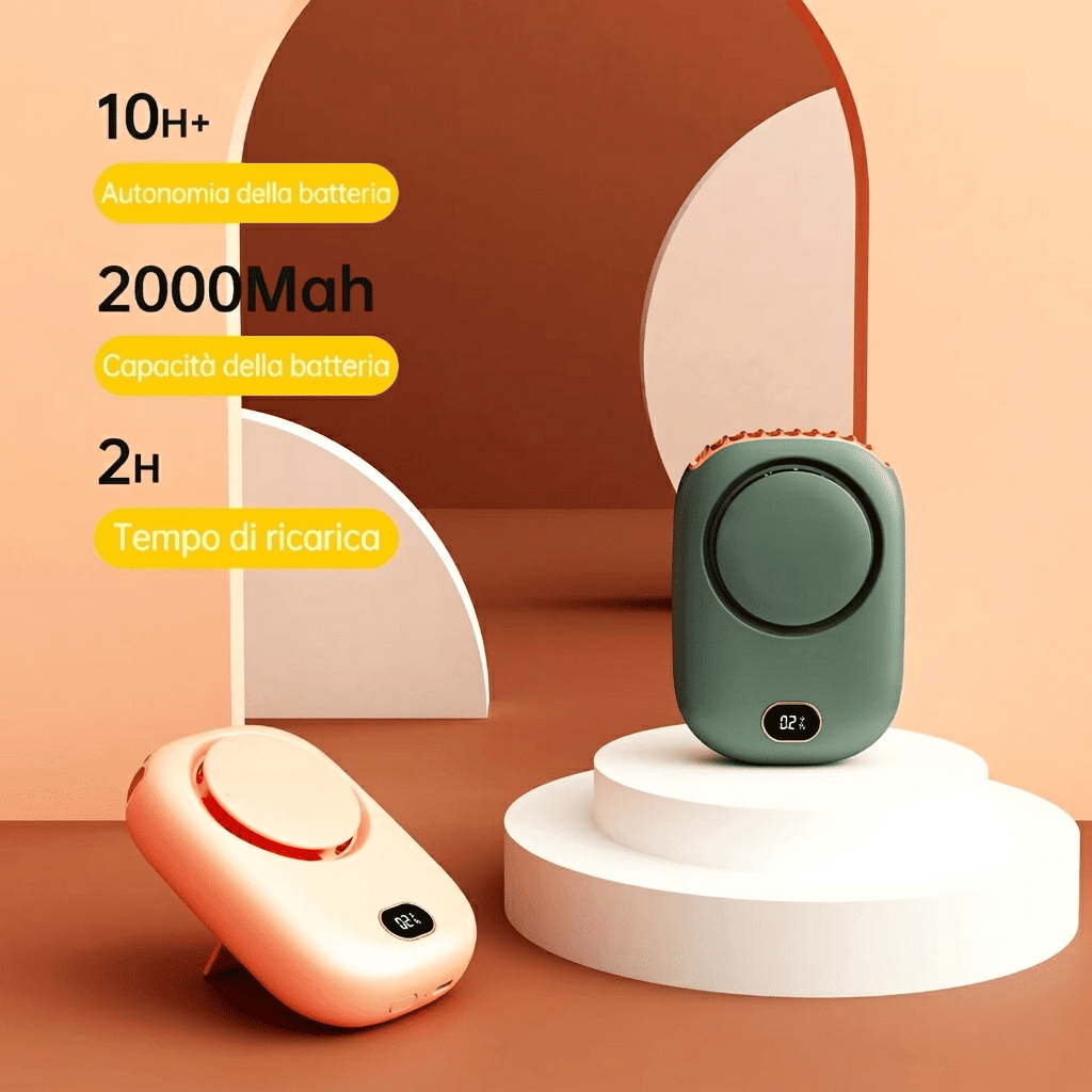 Ventilatore da collo portatile senza pale, ricarica USB, 3 velocità e fino a 10 ore di autonomia. Mani libere per sport e outdoor. Verde, Bianco o Rosa.