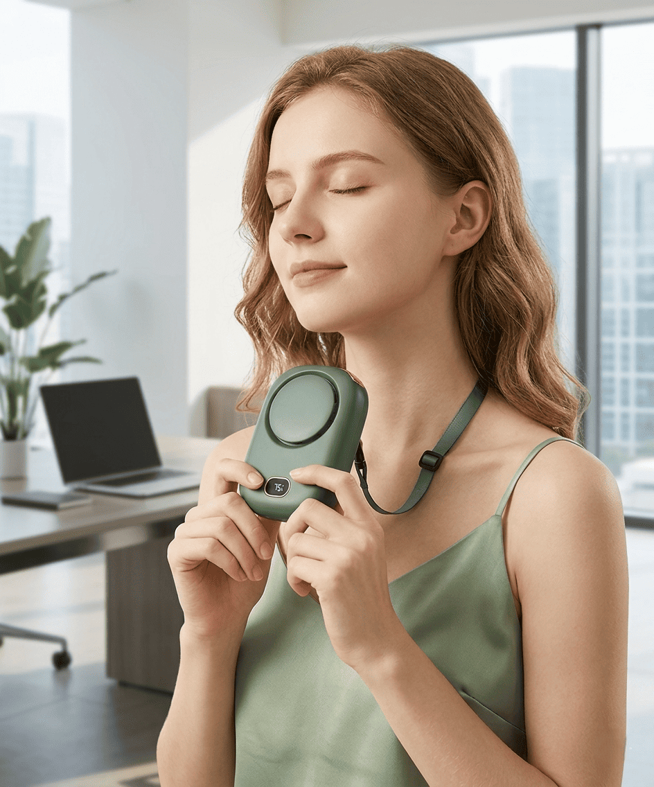 Ventilatore da collo portatile senza pale, ricarica USB, 3 velocità e fino a 10 ore di autonomia. Mani libere per sport e outdoor. Verde, Bianco o Rosa.