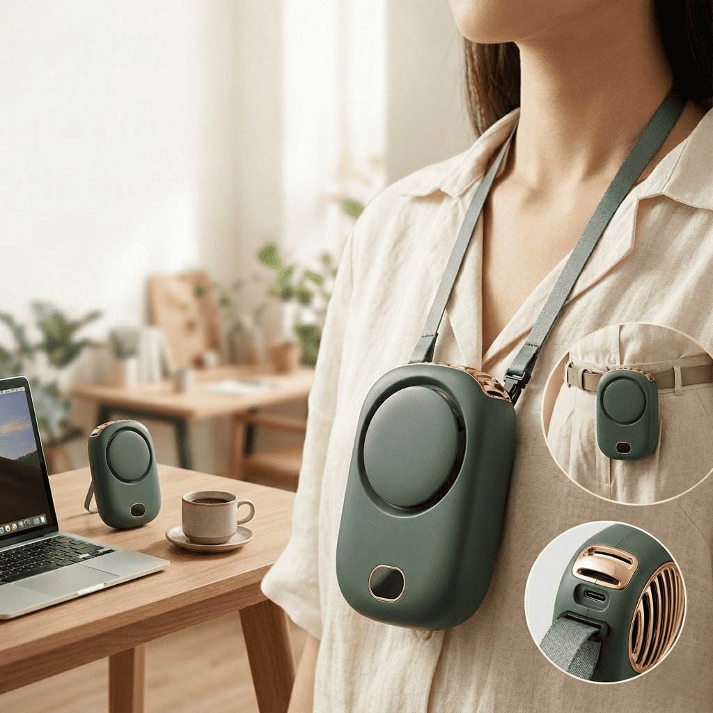 Ventilatore da collo portatile senza pale, ricarica USB, 3 velocità e fino a 10 ore di autonomia. Mani libere per sport e outdoor. Verde, Bianco o Rosa.