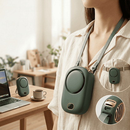 Ventilatore da collo portatile senza pale, ricarica USB, 3 velocità e fino a 10 ore di autonomia. Mani libere per sport e outdoor. Verde, Bianco o Rosa.