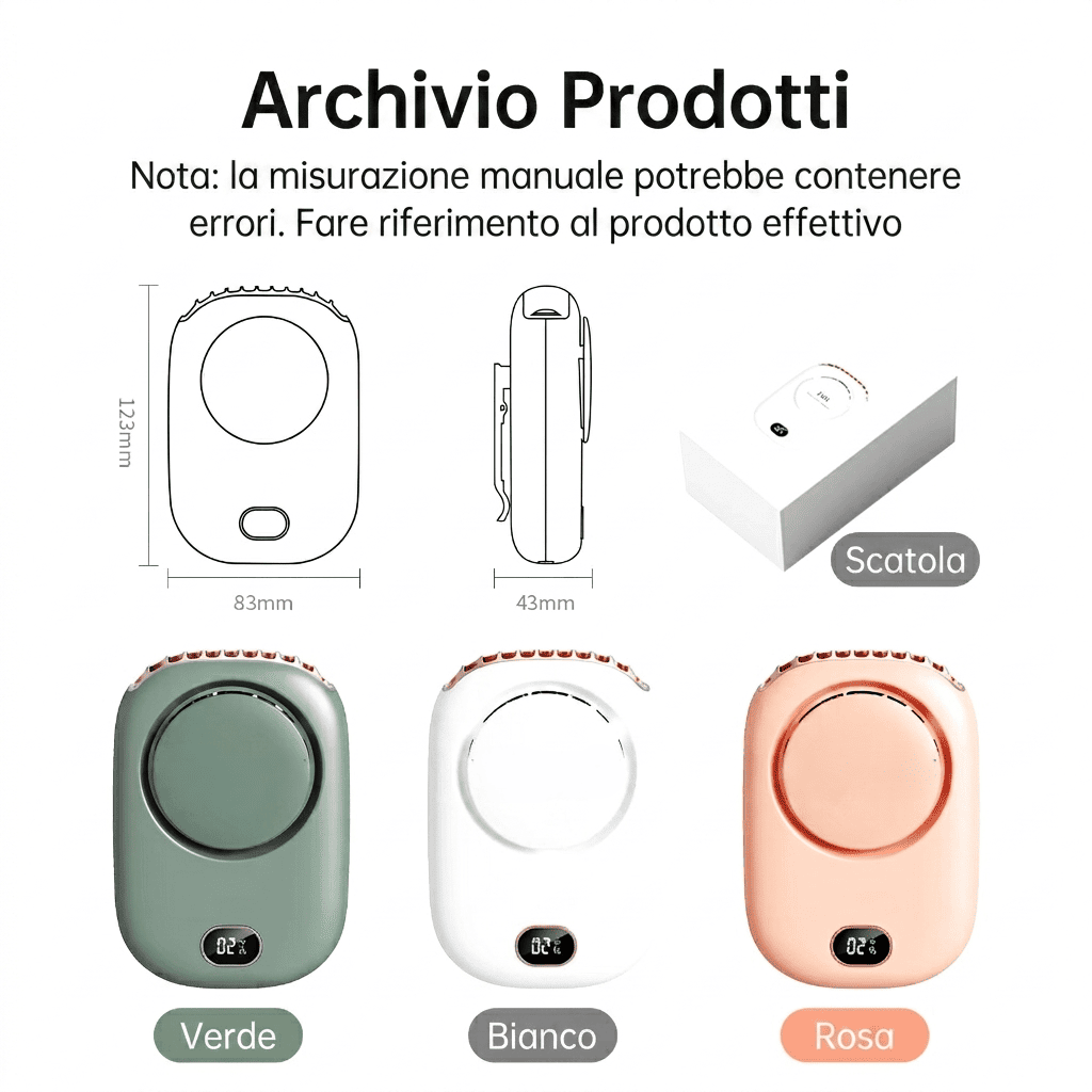 Ventilatore da collo portatile senza pale, ricarica USB, 3 velocità e fino a 10 ore di autonomia. Mani libere per sport e outdoor. Verde, Bianco o Rosa.