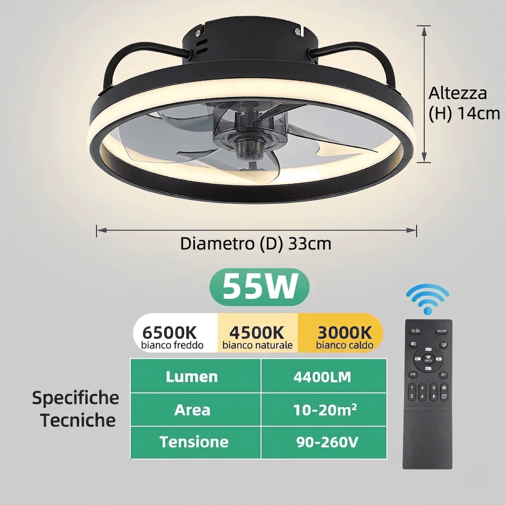 Ventilatore da soffitto con luce LED dimmerabile, 6 velocità, flusso reversibile, timer e controllo via app e telecomando. Silenzioso <30dB. Bianco o Nero.