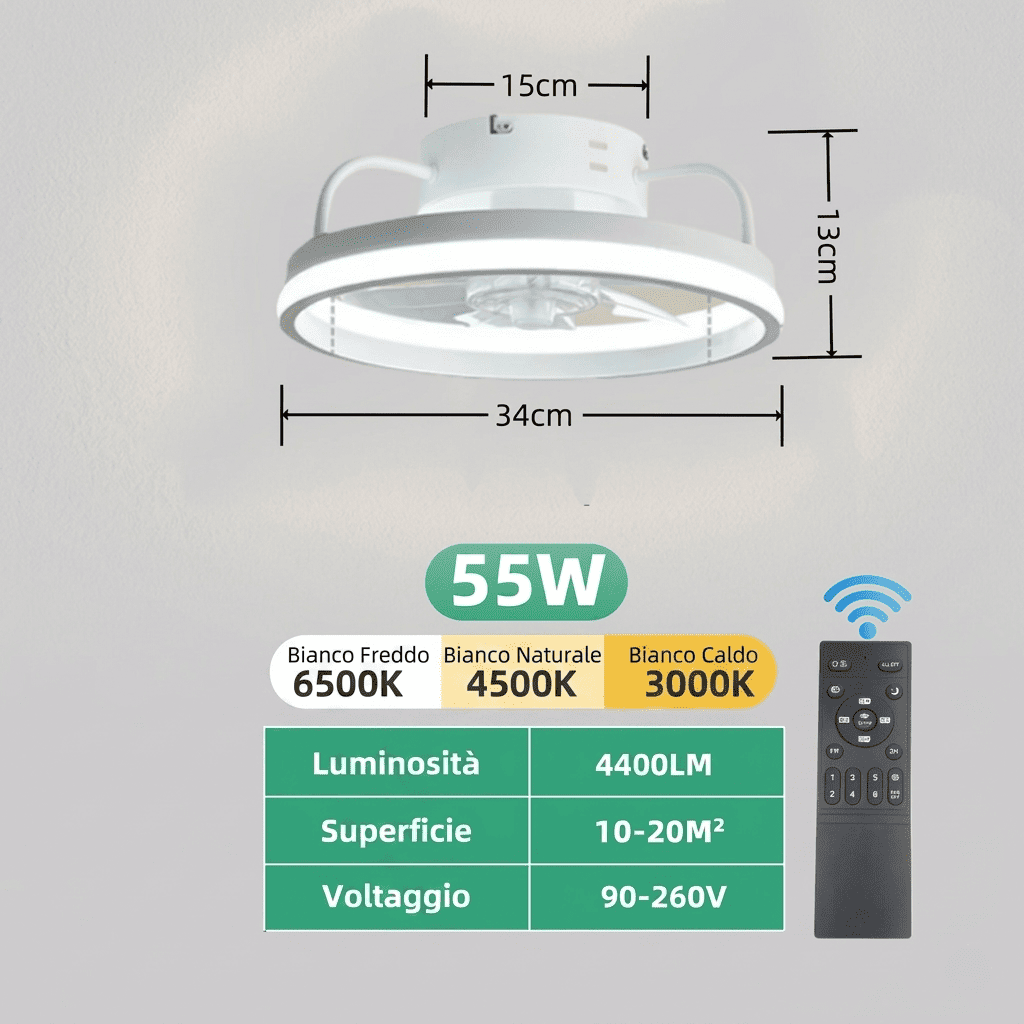 Ventilatore da soffitto con luce LED dimmerabile, 6 velocità, flusso reversibile, timer e controllo via app e telecomando. Silenzioso <30dB. Bianco o Nero.