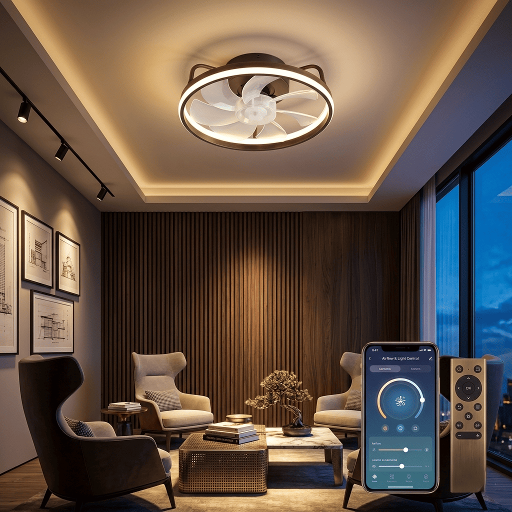 Ventilatore da soffitto con luce LED dimmerabile, 6 velocità, flusso reversibile, timer e controllo via app e telecomando. Silenzioso <30dB. Bianco o Nero.