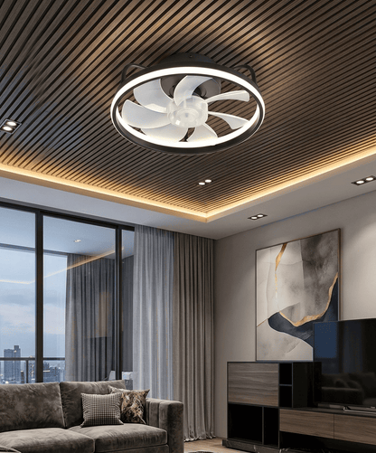 Ventilatore da soffitto con luce LED dimmerabile, 6 velocità, flusso reversibile, timer e controllo via app e telecomando. Silenzioso <30dB. Bianco o Nero.