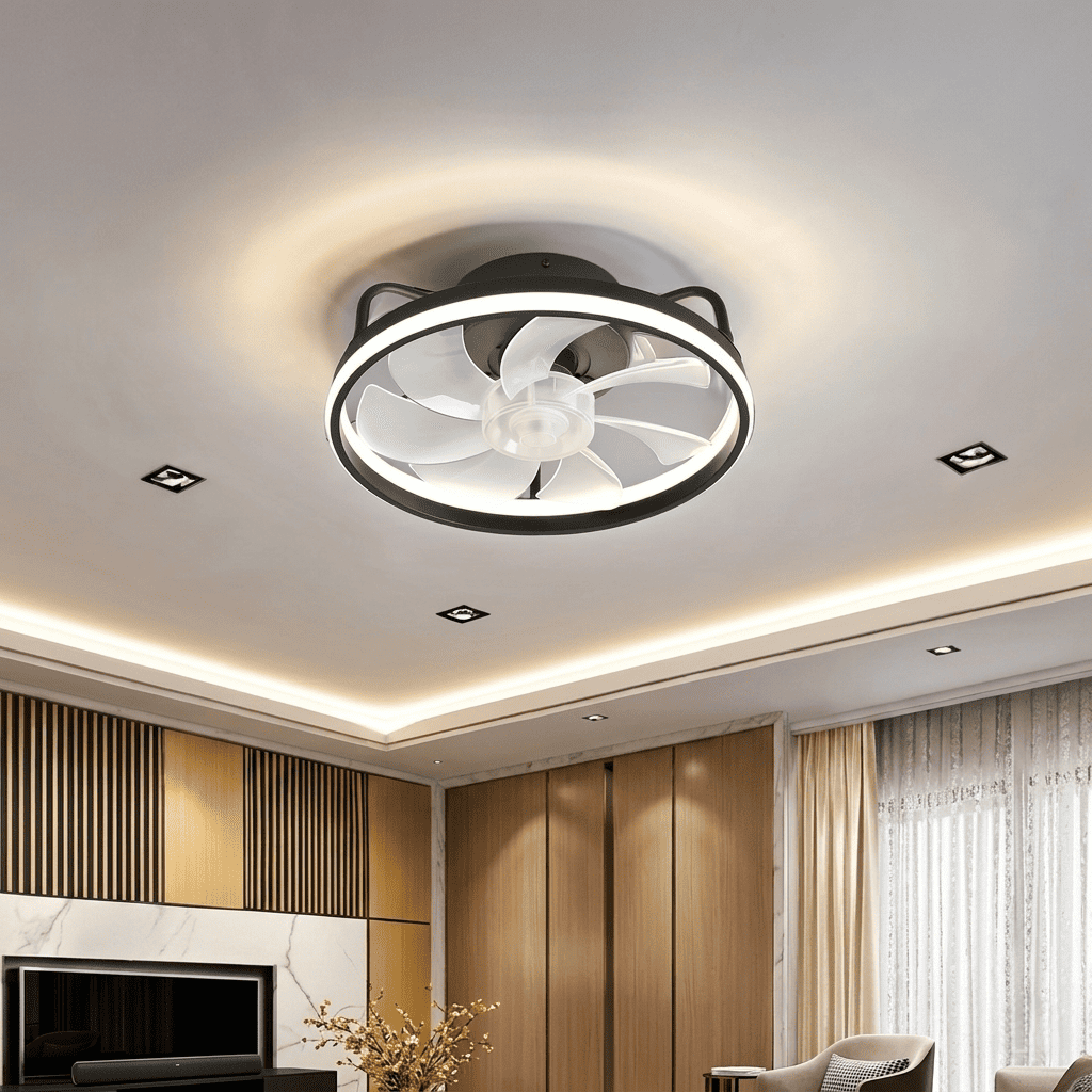 Ventilatore da soffitto con luce LED dimmerabile, 6 velocità, flusso reversibile, timer e controllo via app e telecomando. Silenzioso <30dB. Bianco o Nero.