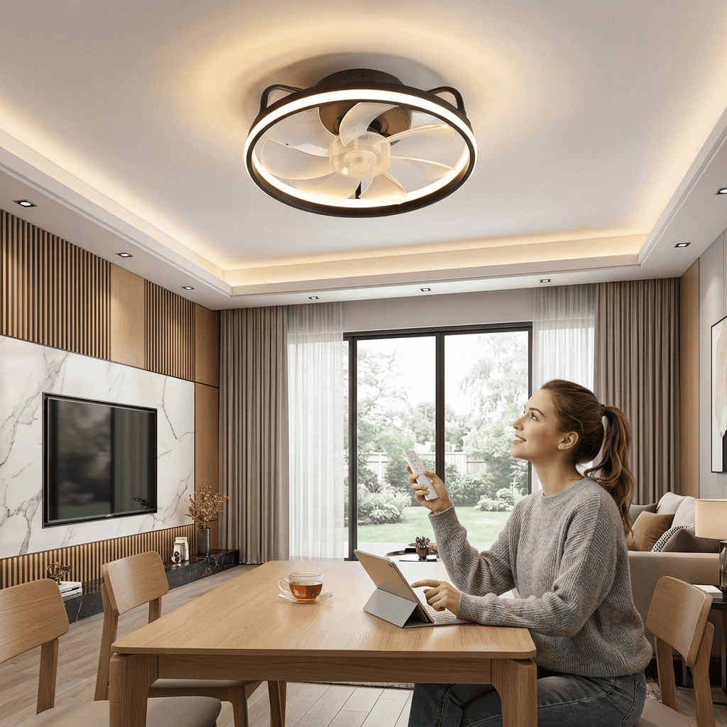 Ventilatore da soffitto con luce LED dimmerabile, 6 velocità, flusso reversibile, timer e controllo via app e telecomando. Silenzioso <30dB. Bianco o Nero.
