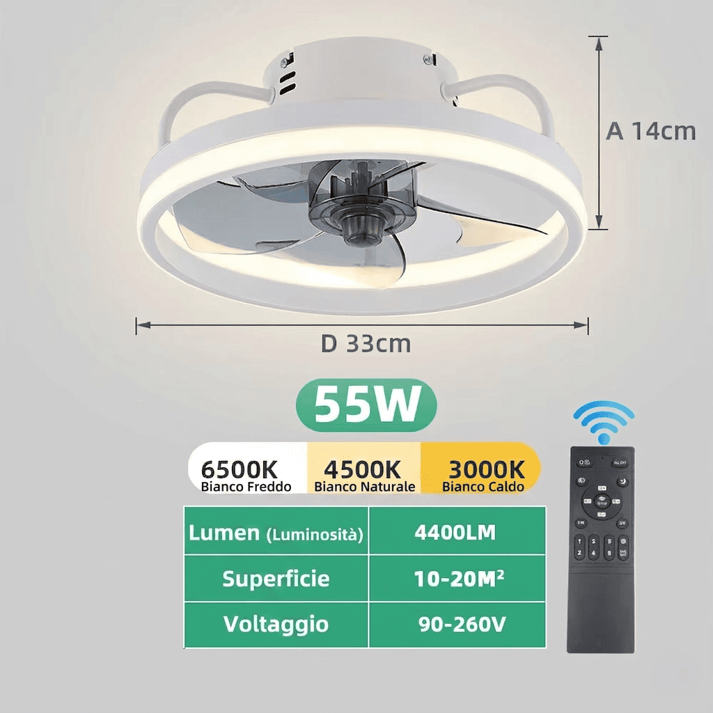 Ventilatore da soffitto con luce LED dimmerabile, 6 velocità, flusso reversibile, timer e controllo via app e telecomando. Silenzioso <30dB. Bianco o Nero.